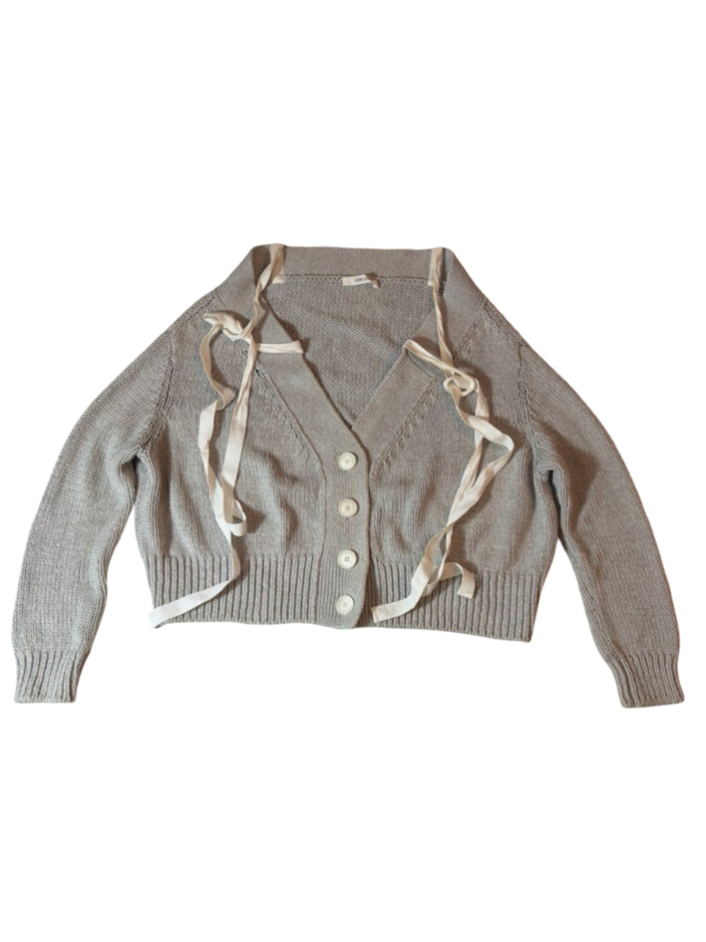 ADEAM Cardigan Large Gray Cotton Cashmere Ribbon Tie Cropped Made Japan